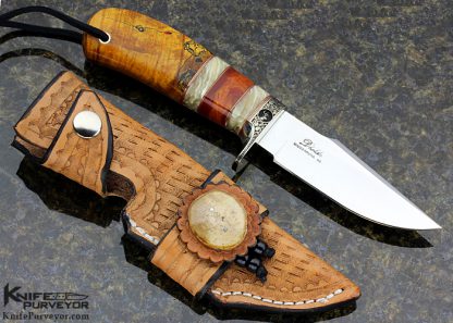 D' Alton Holder Custom Knife "Mitchell's Clip II" with Gold Maple Burl and Musk Ox and Red Amber Engraved by Bruce Shaw - Image 8