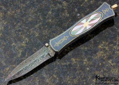 John W. Smith Custom Knife Sunburst Pattern Black Lip Tahitian Pearl Shell, Mother of Pearl Shell & 18Kt Gold Interframe Linerlock Dagger