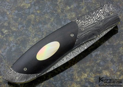 Bill Ankrom Custom Knife Damascus and Desert Ironwood with Blacklip Pearl Inlays Linerlock - Image 4