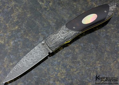 Bill Ankrom Custom Knife Damascus and Desert Ironwood with Blacklip Pearl Inlays Linerlock