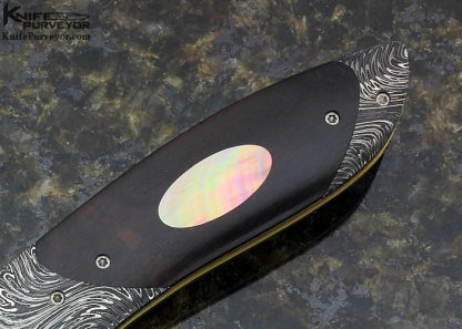 Bill Ankrom Custom Knife Damascus and Desert Ironwood with Blacklip Pearl Inlays Linerlock - Image 3