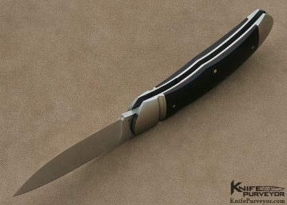 Jerry Halfrich Custom Knife Polished Black Linen Micarta with Red Liners and Arrow Head Shield Front Lock - Image 5