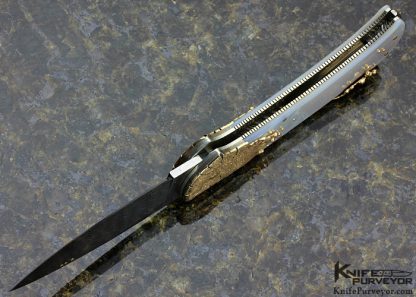 Dellana Custom Knife Sole Authorship Damascus, Mother of Pearl Shell & Dripping 14Kt Gold "Meltdown" Lockback - Image 6