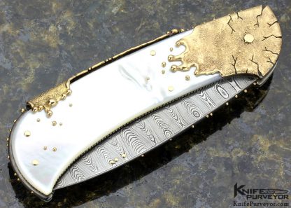 Dellana Custom Knife Sole Authorship Damascus, Mother of Pearl Shell & Dripping 14Kt Gold "Meltdown" Lockback - Image 4