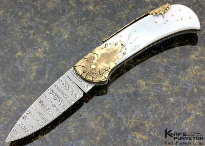 Dellana Custom Knife Sole Authorship Damascus, Mother of Pearl Shell & Dripping 14Kt Gold "Meltdown" Lockback