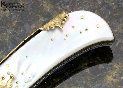 Dellana Custom Knife Sole Authorship Damascus, Mother of Pearl Shell & Dripping 14Kt Gold "Meltdown" Lockback - Image 3