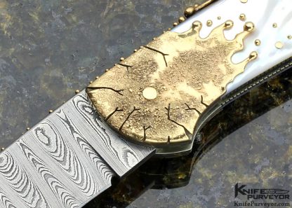 Dellana Custom Knife Sole Authorship Damascus, Mother of Pearl Shell & Dripping 14Kt Gold "Meltdown" Lockback - Image 2