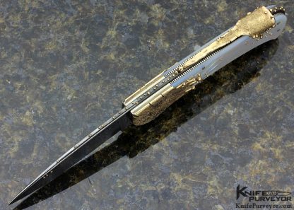 Dellana Custom Knife Sole Authorship Damascus, Mother of Pearl Shell & Dripping 14Kt Gold "Meltdown" Lockback - Image 5