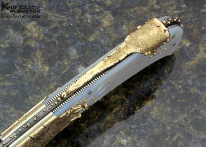 Dellana Custom Knife Sole Authorship Damascus, Mother of Pearl Shell & Dripping 14Kt Gold "Meltdown" Lockback - Image 8