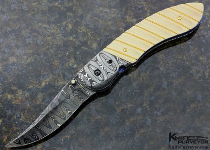 Jim Minnick Custom Knife Blued Damascus with Braided Gold Wire Inlays Linerlock