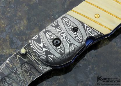 Jim Minnick Custom Knife Blued Damascus with Braided Gold Wire Inlays Linerlock - Image 2