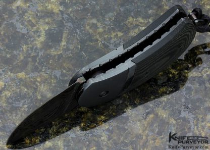 Phil Booth Custom Knife "Minnow" Black Micarta & Blued Damascus Button Lock Auto - Image 6