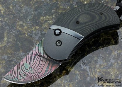 Phil Booth Custom Knife "Minnow" Black Micarta & Blued Damascus Button Lock Auto