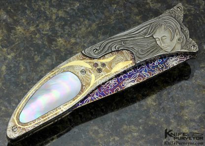 Joe Olson Custom Knife Sole Authorship Engraved Blued Mosaic Damascus with Inlaid Mother Of Pearl Shell Linerlock - Image 4