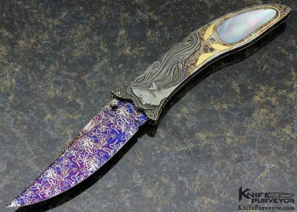 Joe Olson Custom Knife Sole Authorship Engraved Blued Mosaic Damascus with Inlaid Mother Of Pearl Shell Linerlock