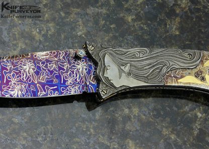 Joe Olson Custom Knife Sole Authorship Engraved Blued Mosaic Damascus with Inlaid Mother Of Pearl Shell Linerlock - Image 2