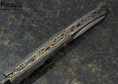 Joe Olson Custom Knife Sole Authorship Engraved Blued Mosaic Damascus with Inlaid Mother Of Pearl Shell Linerlock - Image 6