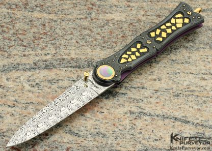 Howard Hitchmough Custom Knife Textured Blued Steel with Gold Nugget Inlays, Damasteel Damascus Dagger with Gold Bale and Pearl Inlaid Gold Pivot Linerlock