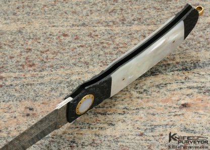 Howard Hitchmough Custom Knife Damasteel, Blued Textured Steel with Mother of Pearl Shell and Pearl Inlaid Gold Pivot    Gold Bale  Mid Lock - Image 5