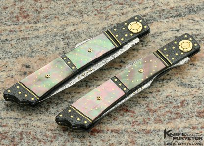 Howard Hitchmough Custom Knife Fork and Knife Set with Damasteel and Blue Textured Steel with Gold and Pearl Inlays and Gold Pivot with Black Lip and Gold Lip Pearl Midlock - Image 3