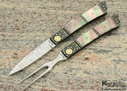 Howard Hitchmough Custom Knife Fork and Knife Set with Damasteel and Blue Textured Steel with Gold and Pearl Inlays and Gold Pivot with Black Lip and Gold Lip Pearl Midlock