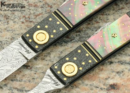 Howard Hitchmough Custom Knife Fork and Knife Set with Damasteel and Blue Textured Steel with Gold and Pearl Inlays and Gold Pivot with Black Lip and Gold Lip Pearl Midlock - Image 2