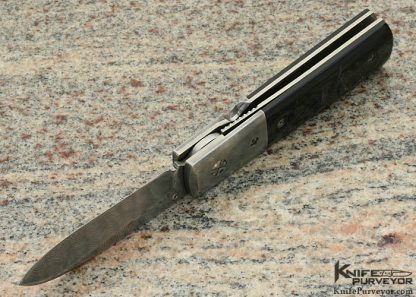 Mel Pardue Custom Knife Damascus and Fluted Black Buffalo Horn Linerlock - Image 5