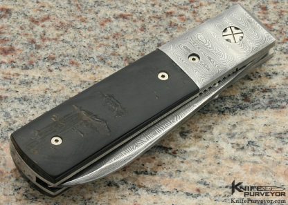 Mel Pardue Custom Knife Damascus and Fluted Black Buffalo Horn Linerlock - Image 3