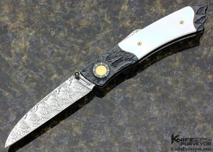 Howard Hitchmough Custom Knife Damasteel, Blued Textured Steel with 24Kt Gold Inlays & Mother of Pearl Shell Midlock