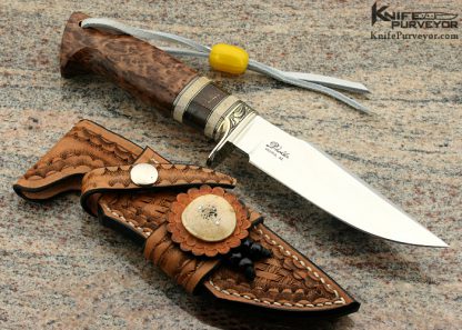 D'Alton Holder Custom Knife Redwood Burl, Oosic and Fossilized Rhino Horn Long Natchez Engraved By Darren Reeves - Image 2