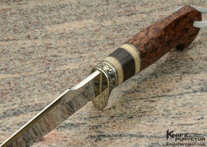 D'Alton Holder Custom Knife Redwood Burl, Oosic and Fossilized Rhino Horn Long Natchez Engraved By Darren Reeves - Image 4