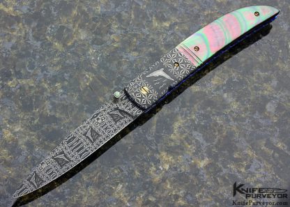 Cliff Parker Custom Knife Sole Authorship "Dolphin" Mosaic Damascus with Black Lip Tahitian Pearl Shell Linerlock