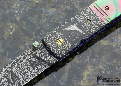 Cliff Parker Custom Knife Sole Authorship "Dolphin" Mosaic Damascus with Black Lip Tahitian Pearl Shell Linerlock - Image 2