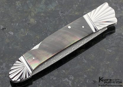 Ken Steigerwalt Custom Knife Black Lip Tahitian Pearl Shell with Damascus and Fluted Steel Lockback - Image 3