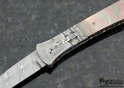 Bill McHenry Custom Knife Black Lip Tahitian Pearl Shell and Damascus Auto Linerlock - Image 2