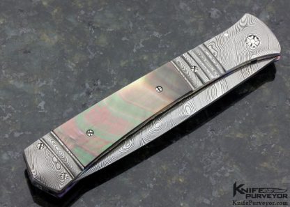 Bill McHenry Custom Knife Black Lip Tahitian Pearl Shell and Damascus Auto Linerlock - Image 3