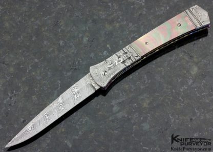 Bill McHenry Custom Knife Black Lip Tahitian Pearl Shell and Damascus Auto Linerlock