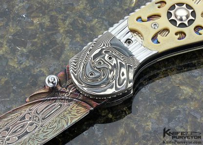 Andre Andersson Custom Knife Carved Blued Mosaic Damascus with Carved, Stippled and Pierced Walrus "Night and Day" Lockback Folder - Image 2