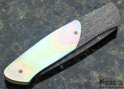 Bill Ankrom Custom Knife Damascus and South Sea Gold Lip Pearl Shell Linerlock - Image 3