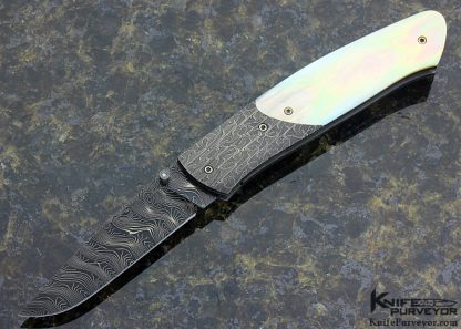 Bill Ankrom Custom Knife Damascus and South Sea Gold Lip Pearl Shell Linerlock