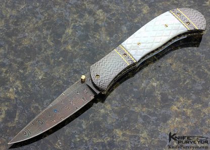 John W. Smith Custom Knife Blued Sole Authorship Damascus with 18Kt Gold Inlays & Quilted Mother of Pearl Shell Linerlock