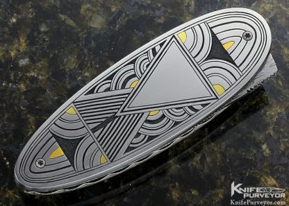 Kelly Carlson Custom Knife "Small Ellipse" Linerlock "Art Deco" Engraved by Tim George with Gold Inlays - Image 3