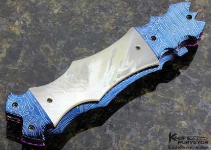 Brandon Vallotton Custom Knife Mother of Pearl & Blued Mosaic Damascus Auto Linerlock - Image 3