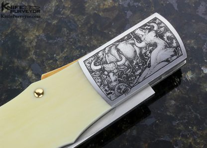 Durvyn Howard Custom Knife Pre-ban Elephant Ivory Midlock with 18Kt Gold Escutcheon and 18Kt Gold Pins "Bull and Bear" Engraved by Jon Robyn - Image 5