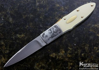 Durvyn Howard Custom Knife Pre-ban Elephant Ivory Midlock with 18Kt Gold Escutcheon and 18Kt Gold Pins "Bull and Bear" Engraved by Jon Robyn