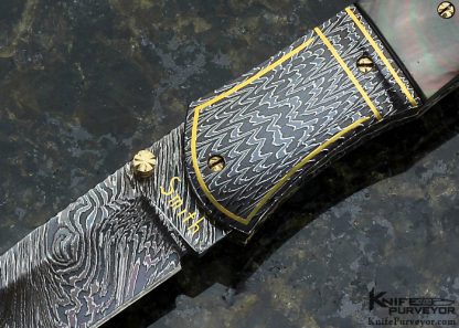 John W. Smith Custom Knive Blacklip Tahitian Pearl Shell Linerlock with Blued Sole Authorship Damascus with 24 Kt Gold Inlays - Image 2