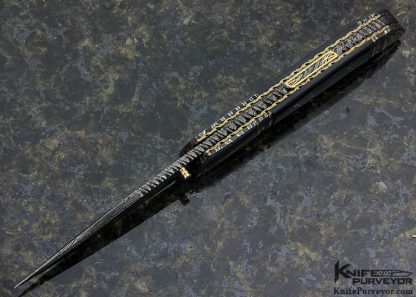 John W. Smith Custom Knive Blacklip Tahitian Pearl Shell Linerlock with Blued Sole Authorship Damascus with 24 Kt Gold Inlays - Image 4