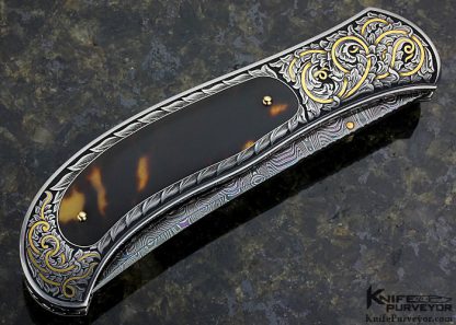 John W. Smith Custom Knife Sole Authorship Engraved Exotic Material Interframre and Blued Damascus Linerlock - Image 4