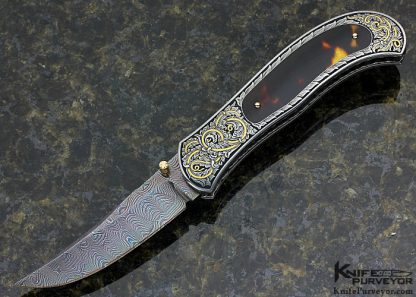 John W. Smith Custom Knife Sole Authorship Engraved Exotic Material Interframre and Blued Damascus Linerlock