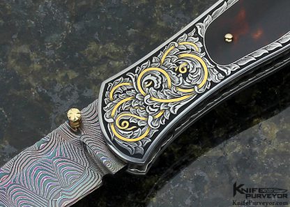 John W. Smith Custom Knife Sole Authorship Engraved Exotic Material Interframre and Blued Damascus Linerlock - Image 2